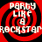 Red and black spiral background with white text reading "PARTY LIKE A ROCKSTAR" in four identical quadrants.