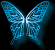 Four blue wireframe butterflies arranged in a on black background, each with subtle glow and varying wing transparency