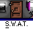 Animated contact sheet showing 12 sequential frames of a pixel-art icon featuring brown doors, purple-and-white devices, and white speech bubbles with black figures over gray backgrounds.