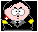 Pixelated cartoon character with pink face, black hair, and gray suit holding yellow objects against black background.