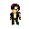 Pixel art character with brown hair and white eye patch, wearing dark green jacket over light gray shirt and dark pants, holding a torch that changes flame intensity across frames.