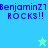 Pixelated text 'BenjaminZ1 ROCKS!!' repeated across four quadrants with two star icons on a blue-green gradient background.