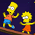 Two yellow-skinned cartoon characters with white eyes stand on a brown platform against a dark blue background, one in an orange shirt and blue shorts, the other in an orange dress.