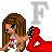 Pixel art contact sheet showing two frames of an animated buddy icon with a cartoon woman and changing 'F' letters.