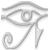 Gray-scale pixelated icon depicting the Eye of Horus symbol with stylized curved lines and spiral elements on a light gray background.