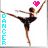 A dancer in a black leotard performs a high kick with arms extended, accompanied by vertical text and pink hearts.