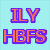 Pixelated text 'ILY HBFS' in orange with purple outlines on a light blue background, split into two