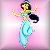 Pixelated character in blue and yellow dress with black hair, arms raised in dynamic pose against pink gradient background.