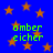 Blue background with orange stars and green text reading 'amber eicher' repeated four times.