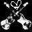 Black-and-white pixelated image of two crossed guitars with a broken heart symbol above them, displayed in three variations showing animation changes.