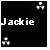 Black square icon with white pixelated text "Jackie" centered horizontally, two small white pixel clusters in top-right and bottom-left corners on a black background.