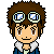 Pixel art character with brown hair and goggles, wearing blue jacket with white collar, shown in multiple expressions including smiling, closed eyes, open mouth, and holding a small creature.