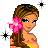 Pixel art of a female character with brown hair, pink flower, yellow top, and blue pants in three poses with black starbursts on white background.
