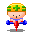 A 4-frame pixel art animation of a cartoon character with a yellow and green helmet, blue shirt, red propeller stick, and brown hair performing actions on a gray background.