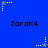 Blue background with yellow and gray star-shaped pixel art icons and repeated text 'ZaraK4' in black pixelated font.