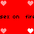 Red background with pixelated heart icons and repeated text 'sex on fire' in black pixelated font.