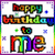 Pixelated rainbow-colored text reads 'Happy Birthday to me' on a white background with purple and multicolored border elements.