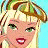 Pixelated cartoon-style female character with blonde hair and green eyes appears in four distinct poses across a