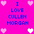 A bright pink background displays blue text reading "I LOVE CULLEN MORGAN" with pixelated hearts in white and pink, arranged in a pattern