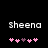 Pixelated text 'Sheena' above pink and purple heart symbols on black background, with heart positions shifting between frames.