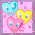 Pixelated image of three heart-shaped balloons in blue, yellow, and pink against a light purple background with scattered pink hearts.