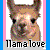 Pixelated cartoon llama face with pink and blue borders, text reading "llama love" at bottom.