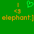 Green background with orange text and symbols including two 'elephant:]' emoticons, '<3' arrows, vertical lines, and a green heart symbol above them.
