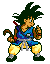 Pixel art character with spiky black hair, blue top, yellow pants, and brown tail in fighting stance against gray background.