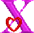 Two purple X-shaped figures with red and cyan heart symbols in their lower-left areas, displayed side-by-side on a gray background.