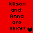 Red background with black text reading "Wilson and Anna are SEXY!!" repeated twice, each followed by a heart symbol in different shades.