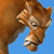 Brown horse head with white facial markings against solid blue background, cropped to show only head and neck portion.