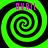 Four identical green and black spiral patterns arranged in a with pink text above each spiral