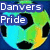 A pixelated soccer ball with green, blue, and yellow sections displays 'Danvers Pride' text on a dark background.