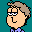 Pixelated cartoon character with light brown hair and blue shirt, shown in two states: left state has open eyes with white pupils, right state has closed eyes.