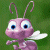 Pixelated pink insect with large blue eyes, two curved antennae, and white wings against a green background.