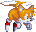 Pixelated character with orange hair, white face, and red-and-white limbs in two sequential poses against gray background.