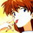 Pixelated anime-style icon of a character with spiky red hair and blue eyes, partially visible against a yellow background.
