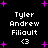 Black background with purple starbursts and white text reading "Tyler Andrew Filiault" and "<3" in four identical quadrants.