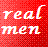Red pixelated background with white text 'real men' and black text 'love jesus', a large white cross, two white hearts on red sections.
