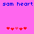 Pixelated blue text 'sam heart' repeats across a bright pink background, with two of red and pink heart icons below