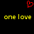 Red pixelated heart symbol above yellow pixelated text 'one love' repeated twice on black background.