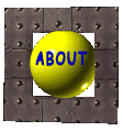 Animated contact sheet showing 11 frames of a yellow sphere with blue text rotating inside a dark metallic grid frame, displaying different portions of the word "ABOUT" across sampled frames.