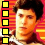 identical head-and-shoulders portraits with a red and yellow striped background, each bordered by alternating black-outlined squares