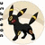 Pixelated black cat-like creature with yellow-tipped ears and tail, red eyes, standing against a light beige circular background.