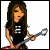 Pixelated cartoon icon of a female guitarist with long brown hair, red electric guitar, black t-shirt, blue flared jeans, and white sneakers across three frames showing different body parts.