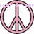 Two pink peace symbols with dark outlines, overlaid by partially visible light purple text reading "BE HAPPY" and other obscured words.