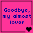 Four pink square with blue text "Goodbye, my almost lover" and varying heart symbols at bottom corners