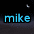 Blue text 'mike' on dark background with three crescent moon shapes in light gray.