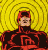 A 48x50 pixel animated buddy icon featuring a red-suited character with a yellow spiral background, shown in two sequential frames where the background color shifts from bright yellow to orange.