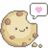 Pixelated cookie icon with a bite taken out, smiling face, and speech bubble containing pink heart on white background.